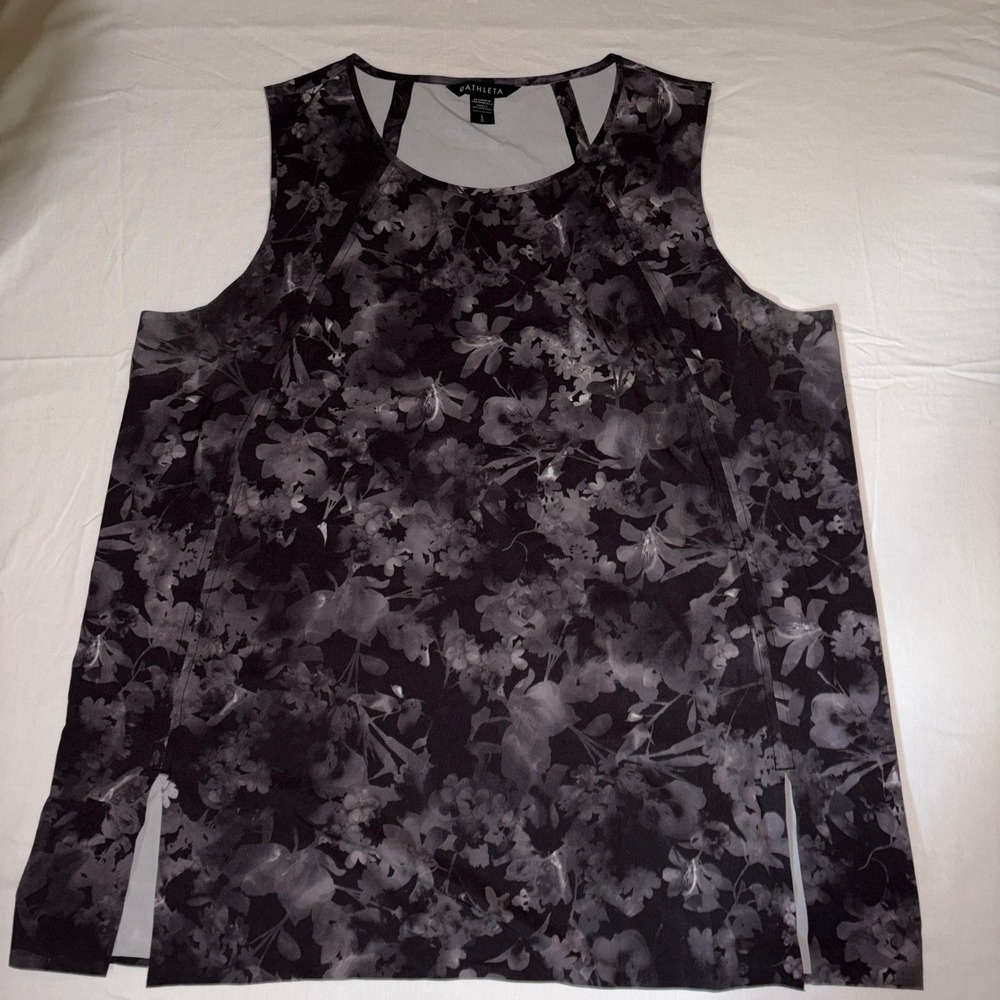 Athleta Refined Renew Tank Women Large Black Floral Split Hem Performance Yoga